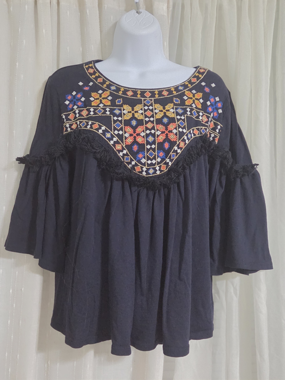Crown & Ivy Navy Boho Top with Multicolor Embroidered Yoke